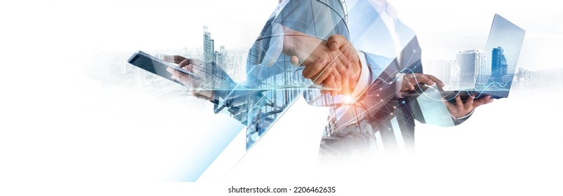 Digital technology, Business network connection, Teamwork, Deal, Partnership and data exchange, Investment analysis, planning and  strategy. Businessman working with digital device on smart city. - Shutterstock ID 2206462635