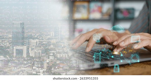 Digital technology and cloud computing: concept. A man using his laptop to connect to global online network to create, store, process, and communicate information and data n binary code