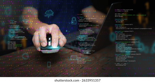 Digital technology and cloud computing: concept. A man using a mouse and laptop to create, store, process, and communicate information as data represented in binary code