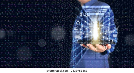 Digital technology and cloud computing concept: A man using a tablet to connect to an online data server to create, store, process, and communicate information in binary code