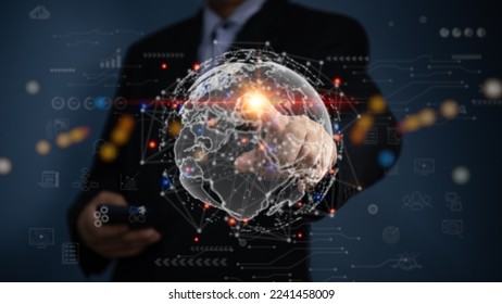 Digital technology communication cyber global network. Business big data and marketing concept WEB 3.0.hand touch globe internet. - Shutterstock ID 2241458009