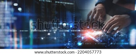 Digital technology concept. Man programmer working on laptop for big data management, computer code on futuristic virtual interface screen, data mining, digital software development, data science
