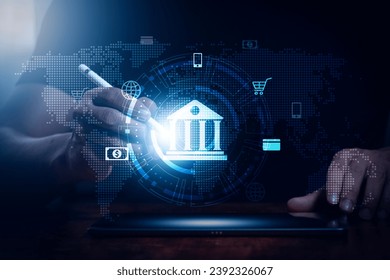 Digital technology concept: online banking, mobile banking, shopping, payment, finance, banking, withdrawal, account, transfer, credit card, finance and global online business.