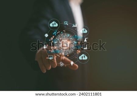 Digital technology, Data engineer pointing on AI to command search business information, work in factory industry, internet network and cybersecurity of data center.