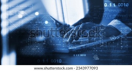 Digital technology, data engineering, cloud computing concept. Computer programmer working on laptop with big data processing and computer code, futuristic technology background, software development