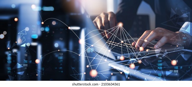 Digital technology, data exchange, cloud computing, global business concept. Businessman working on laptop and digital tablet with internet network, futuristic technology background