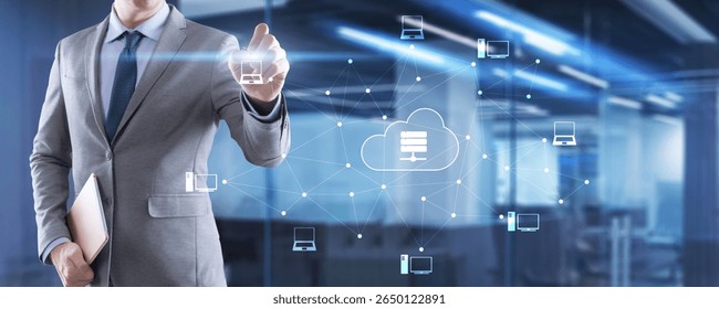 Digital technology data exchange cloud computing global business concept. Cloud computing on a virtual screen.