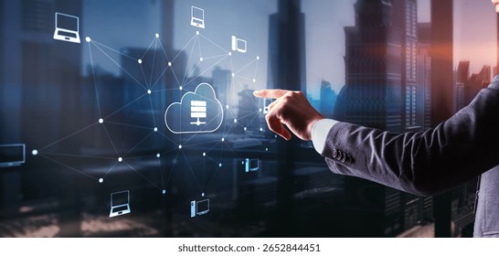 Digital technology data exchange cloud computing global business concept. Cloud computing on a virtual screen.