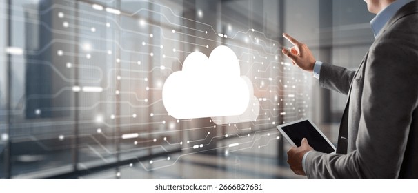 Digital technology data exchange cloud computing global business concept. Cloud computing on a virtual screen.