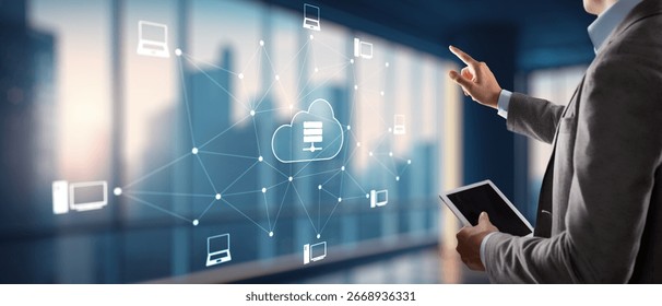 Digital technology data exchange cloud computing global business concept. Cloud computing on a virtual screen.