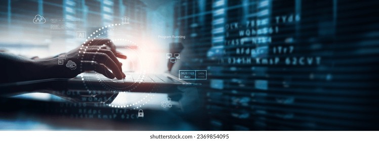 Digital technology, data processing and engineering, cloud computing concept. Computer programmer coding on laptop, database management with data center, server room as background, internet technology - Powered by Shutterstock