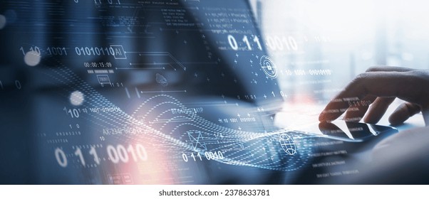 Digital technology, data processing and engineering. Computer programmer working with big data, cloud computing and computer code on virtual screen, data exchange, innovative technology background