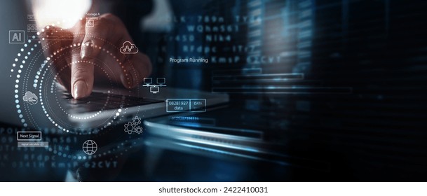 Digital technology, data processing and engineering, cloud computing concept. Computer programmer coding on laptop, database management with data center, innovative technology background