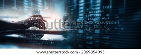Digital technology, data processing and engineering, cloud computing concept. Computer programmer coding on laptop, database management with data center, server room as background, internet technology