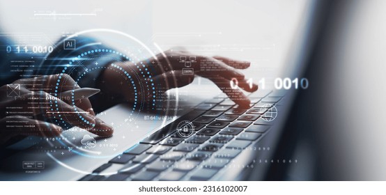 Digital technology, data science, cloud computing concept. Woman using laptop computer with database connection, AI Artificial Intelligence and computer code on virtual screen, futuristic technology - Powered by Shutterstock