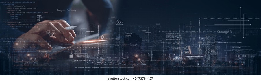 Digital technology, data science, cloud computing, big data concept. Software engineer using digital tablet with computer code, internet network connection, database management, technology background