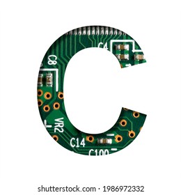 Digital technology font. The letter C cut out of white on the printed digital circuit board with microprocessors and microcontrollers. Set of modern technologies fonts.