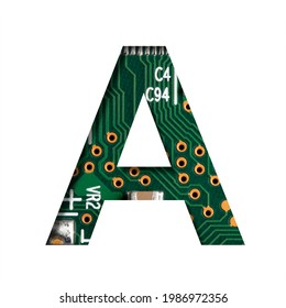 Digital technology font. The letter A cut out of white on the printed digital circuit board with microprocessors and microcontrollers. Set of modern technologies fonts.