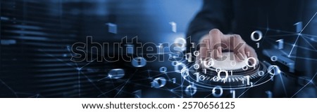 Digital technology, future tech background. Computer programmer using laptop with binary code and glowing net line, big data, digital transformation, internet networking, information technology