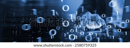 Digital technology, future tech background. Computer programmer using laptop with binary code, blue smart city as background, big data, digital transformation, information technology
