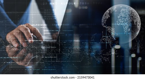 Digital technology, global internet network connection, Ai Artificial intelligence, big data concept. Computer programmer, softwrae engineer coding on laptop, global network, cyber security