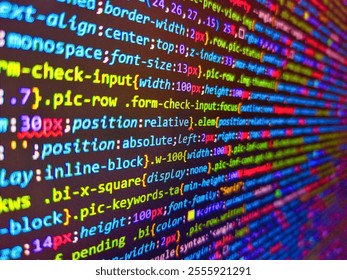 Digital technology industry concept development of programming and coding technologies. Examining compressed code. Multi exposure. Compressed javascript code on computer screen. Coding concept.