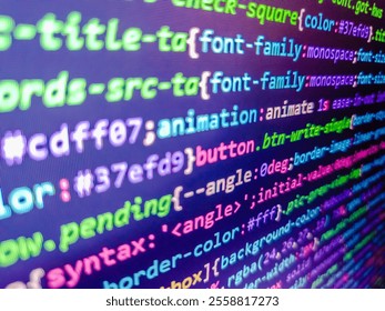 Digital technology industry concept development of programming and coding technologies. Encrypted data. Binary code. Javascript code. Black background space with multiple layers coding.