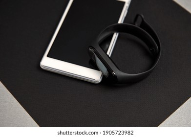 Digital technology. Innovative implementation in business. Black and white still life. Flat lay . Top view.