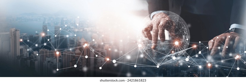 Digital technology, internet global network technology concept. Business man using digital tablet computer with global internet network connection, smart city background, data exchange, e-commerce - Powered by Shutterstock