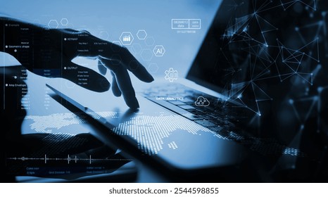 Digital technology, Internet global network connection, data science and engineering, cloud computing, IoT Internet of Things. Computer programming with big data management and processing