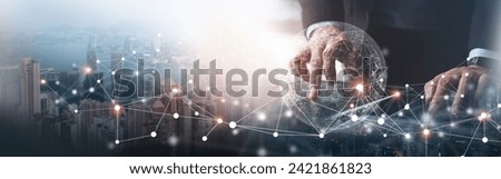 Digital technology, internet global network technology concept. Business man using digital tablet computer with global internet network connection, smart city background, data exchange, e-commerce