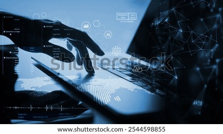 Digital technology, Internet global network connection, data science and engineering, cloud computing, IoT Internet of Things. Computer programming with big data management and processing