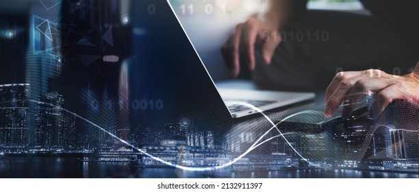 Digital technology, internet network connection, futuristic innovation technology. Double exposure of man using laptop and mobile phone and smart city with internet network technology background
