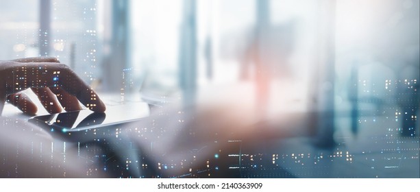 Digital technology, internet network connection, big data, digital marketing, social media concept. Double exposure of man using smart mobile phone surfing internet and the city, technology background