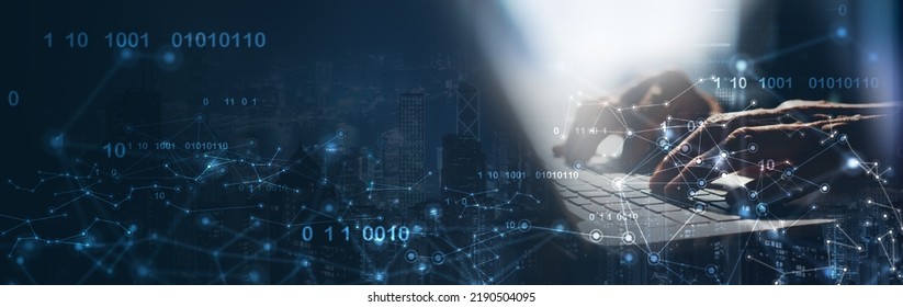 Digital Technology, Internet Network Connection, Big Data, Digital Marketing, IoT. Programmer Coding On Computer With Smart City And Internet Network, Data Accessing, Innovative Technology Background