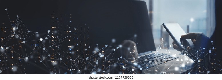 Digital technology, internet network connection, big data, digital marketing IOT internet of things. Man using mobile phone and laptop computer surfing internet, innovative technology background