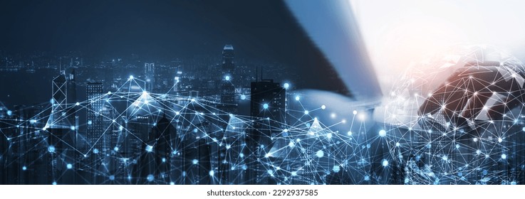 Digital technology, internet network connection, digital marketing IoT internet of things. Man using computer with internet global network connecting and smart city, innovative technology background