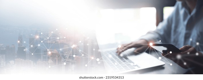 Digital technology, internet network connection, digital marketing IoT internet of things. Woman using mobile phone and laptop computer connecting the internet, technology background, cloud computing - Powered by Shutterstock - Get 15% off with code: PIKWIZARD15
