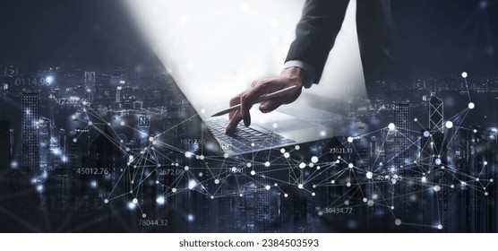 Digital technology, internet network connection, data exchange, IoT internet of things. Business man using laptop computer with global internet network, smart city, technology background