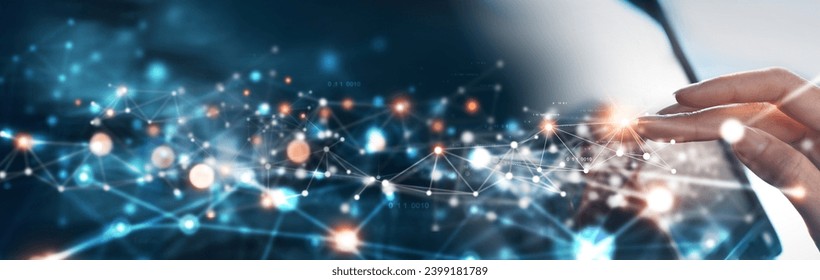 Digital technology, internet network connection concept. Finger touching on virtual screen with futuristic technology background, data exchange, digital transformation - Powered by Shutterstock - Get 15% off with code: PIKWIZARD15