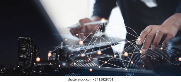 Digital technology, internet network connection, global business concept. Woman using modern computer surfing the internet, data exchange, digital marleting, innovative technology background. - Powered by Shutterstock