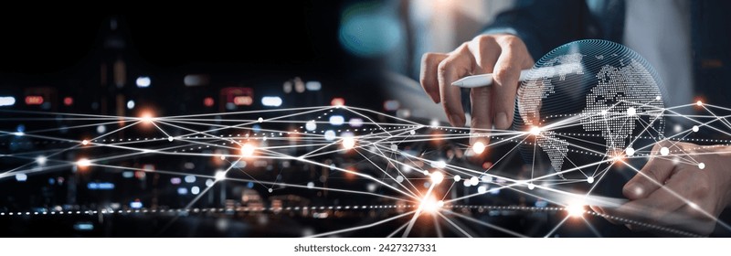 Digital technology, internet network connection, big data, digital marketing IoT internet of things. Woman using digital tablet, computer code, global network, surfing internet, technology background - Powered by Shutterstock