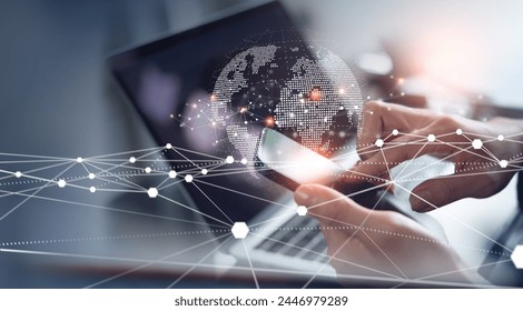 Digital technology, internet network connection, big data, digital marketing IoT internet of things. Woman using mobile phone and laptop computer surfing internet, innovative technology background - Powered by Shutterstock