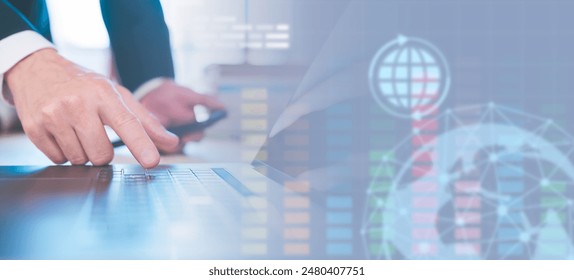 Digital technology, internet network connection, big data, digital marketing IoT internet of things. Businessman using computer surfing internet futuristic, innovative technology background