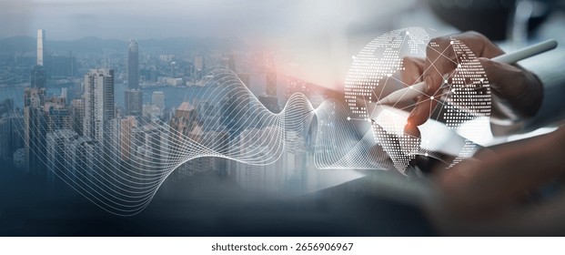 Digital technology, internet network connection, big data, digital marketing IoT internet of things. Woman using mobile phone and laptop computer surfing internet, innovative technology background