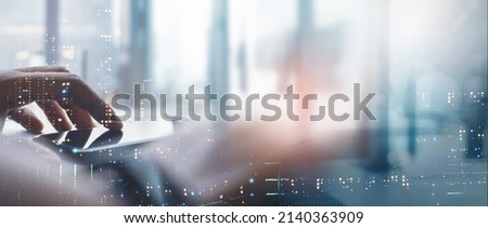 Digital technology, internet network connection, big data, digital marketing, social media concept. Double exposure of man using smart mobile phone surfing internet and the city, technology background