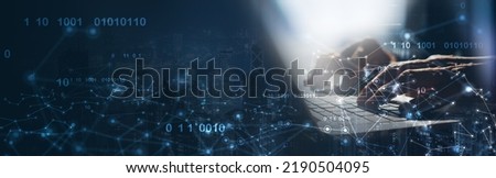 Digital technology, internet network connection, big data, digital marketing, IoT. Programmer coding on computer with smart city and internet network, data accessing, innovative technology background