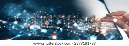 Digital technology, internet network connection concept. Finger touching on virtual screen with futuristic technology background, data exchange, digital transformation