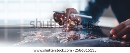 Digital technology, internet network connection, big data, digital marketing IoT internet of things. Woman using mobile phone and laptop computer surfing internet, innovative technology background