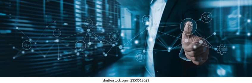 Digital technology, internet network and cybersecurity of data center. Data engineer using fingerprint biometrics technology in a server room to access data connecting with database and AI - Powered by Shutterstock